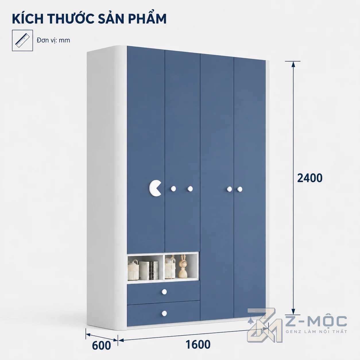 Kích thước chi tiết Tủ Quần Áo Trẻ Em Nhiều Cánh Thiết Kế Nhiều Ngăn Cho Bé ZM-10043