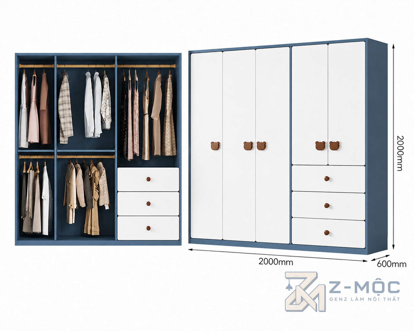 Kích thước chi tiết Tủ Quần Áo Trẻ Em Tay Nắm Hình Gấu 4 Cánh Phối Xanh Trắng ZM-10026 2