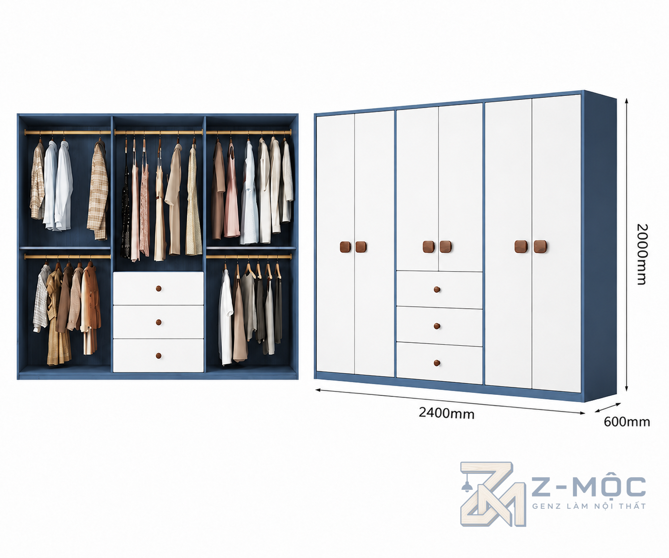 Kích thước chi tiết Tủ Quần Áo Trẻ Em Tay Nắm Hình Gấu 4 Cánh Phối Xanh Trắng ZM-10026 3