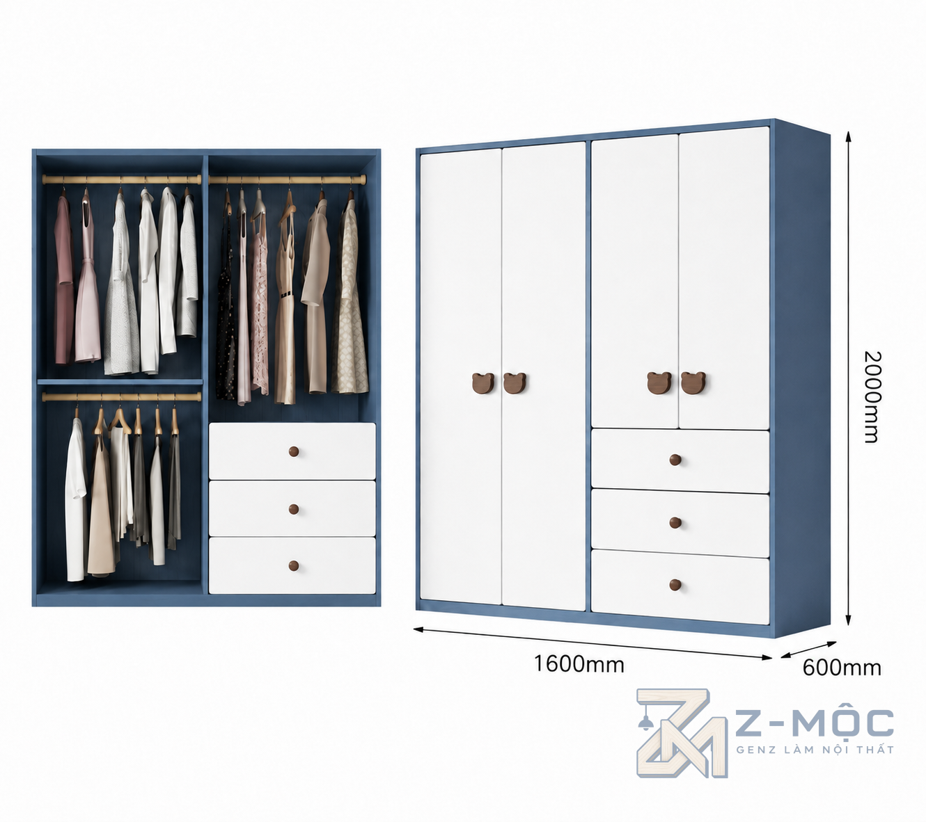 Kích thước chi tiết Tủ Quần Áo Trẻ Em Tay Nắm Hình Gấu 4 Cánh Phối Xanh Trắng ZM-10026