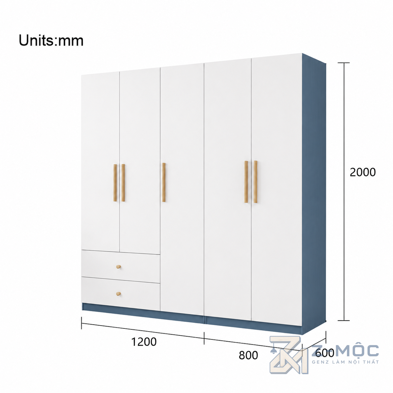 Kích thước chi tiết Tủ Quần Áo Xanh Cánh Trắng 2 Ngăn Kéo ZM-10023 2