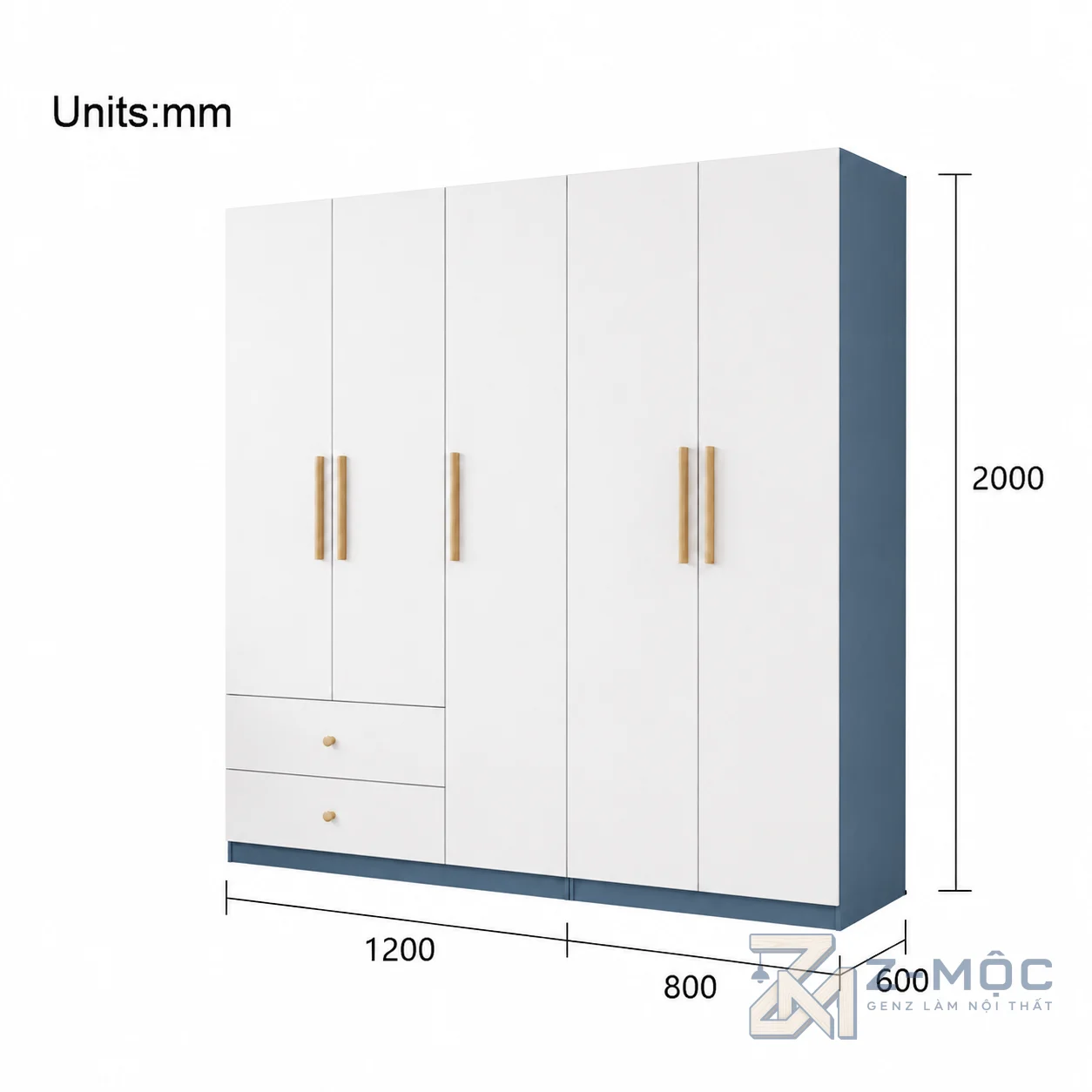Kích thước chi tiết Tủ Quần Áo Xanh Cánh Trắng 2 Ngăn Kéo ZM-10023 2