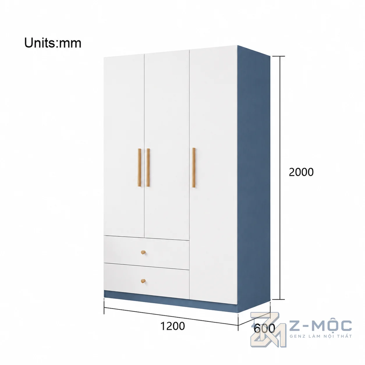 Kích thước chi tiết Tủ Quần Áo Xanh Cánh Trắng 2 Ngăn Kéo ZM-10023