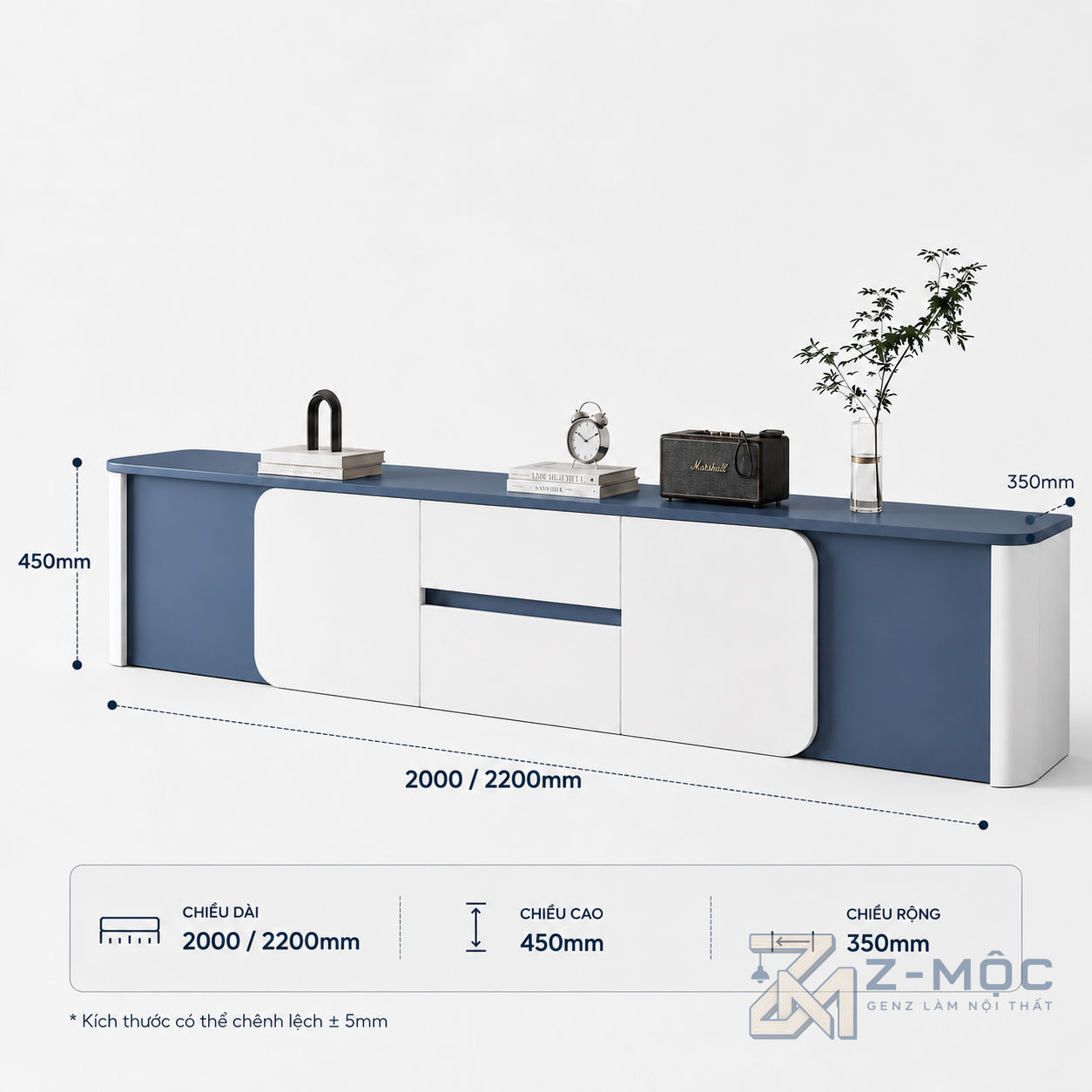 Kích thước chi tiết Tủ Tivi Xanh Trắng Gỗ MDF Hiện Đại ZM-90005