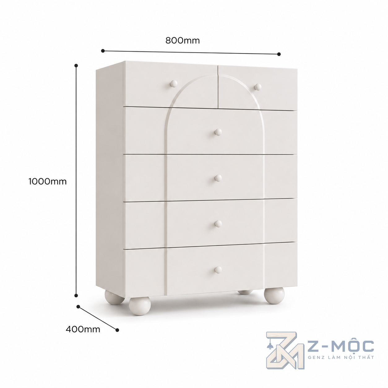 Kích thước chi tiết Tủ Trang Trí 6 Ngăn Kéo Màu Trắng Chân Bi ZM-94022