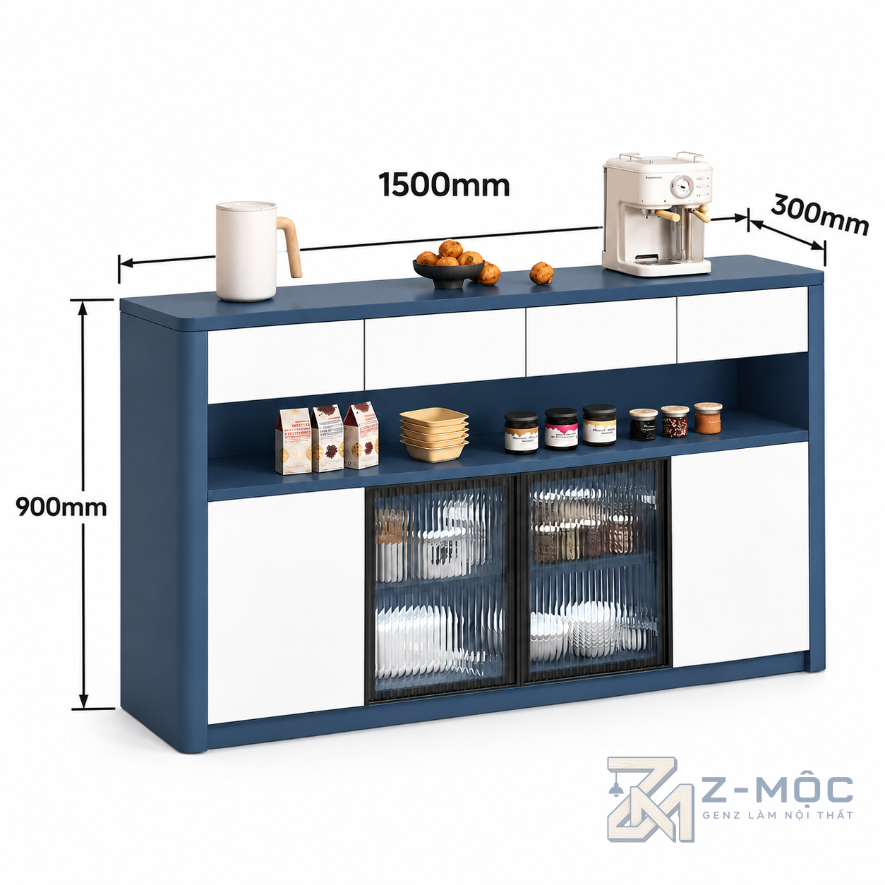 Kích thước chi tiết Tủ Trang Trí Cánh Kính Có Ngăn Kéo Phối Màu Xanh Trắng ZM-94017