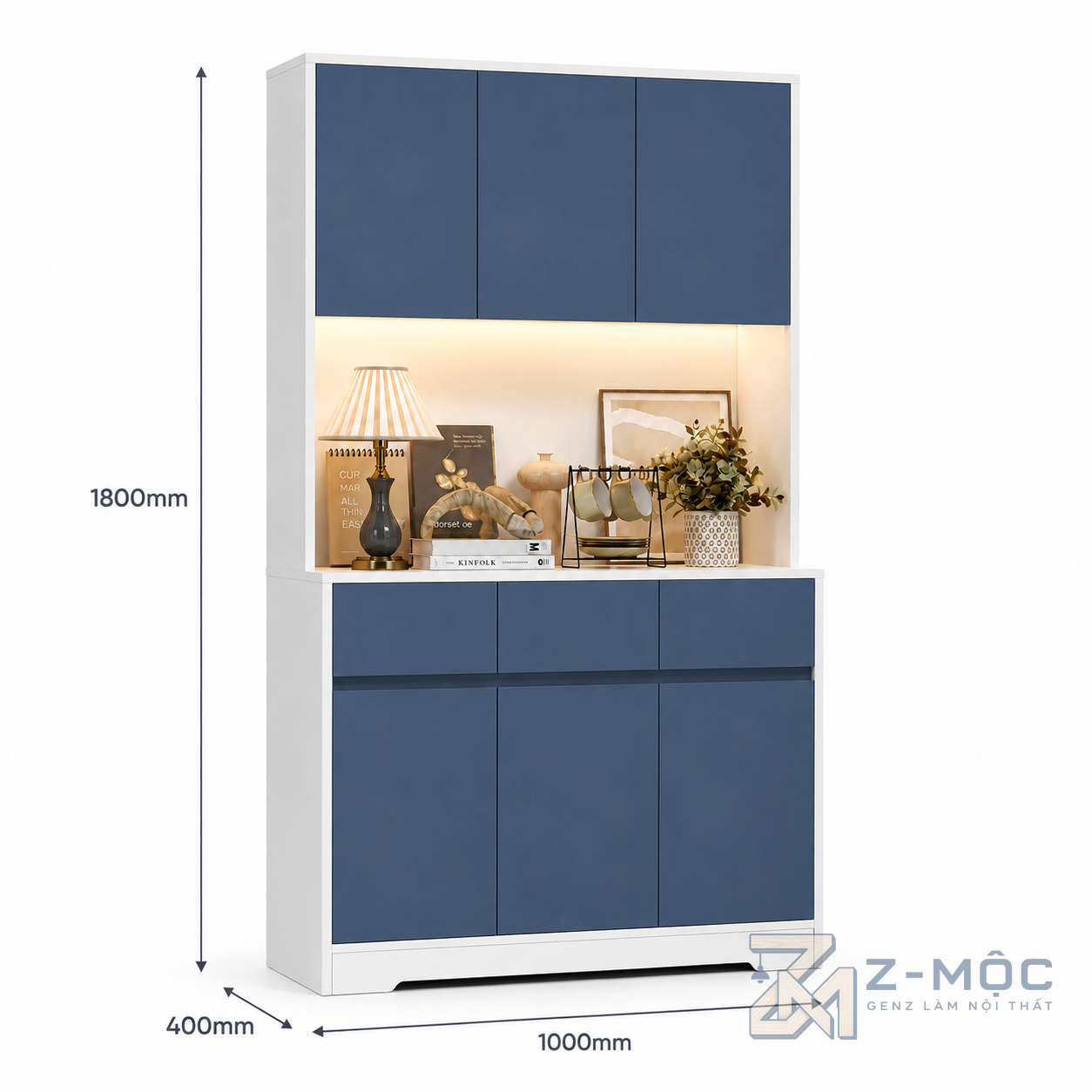 Kích thước chi tiết Tủ Trang Trí Khung Trắng Cánh Xanh Cho Phòng Khách ZM-94013