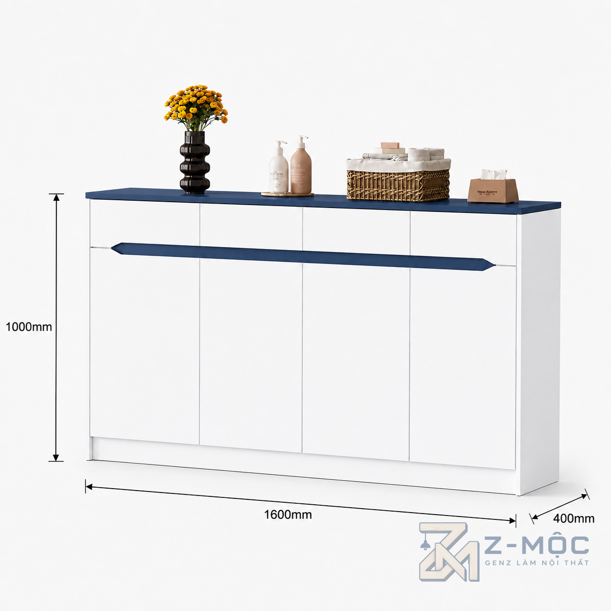 Kích thước chi tiết Tủ Trang Trí Màu Trắng Phối Xanh Dáng Dài ZM-94015 2