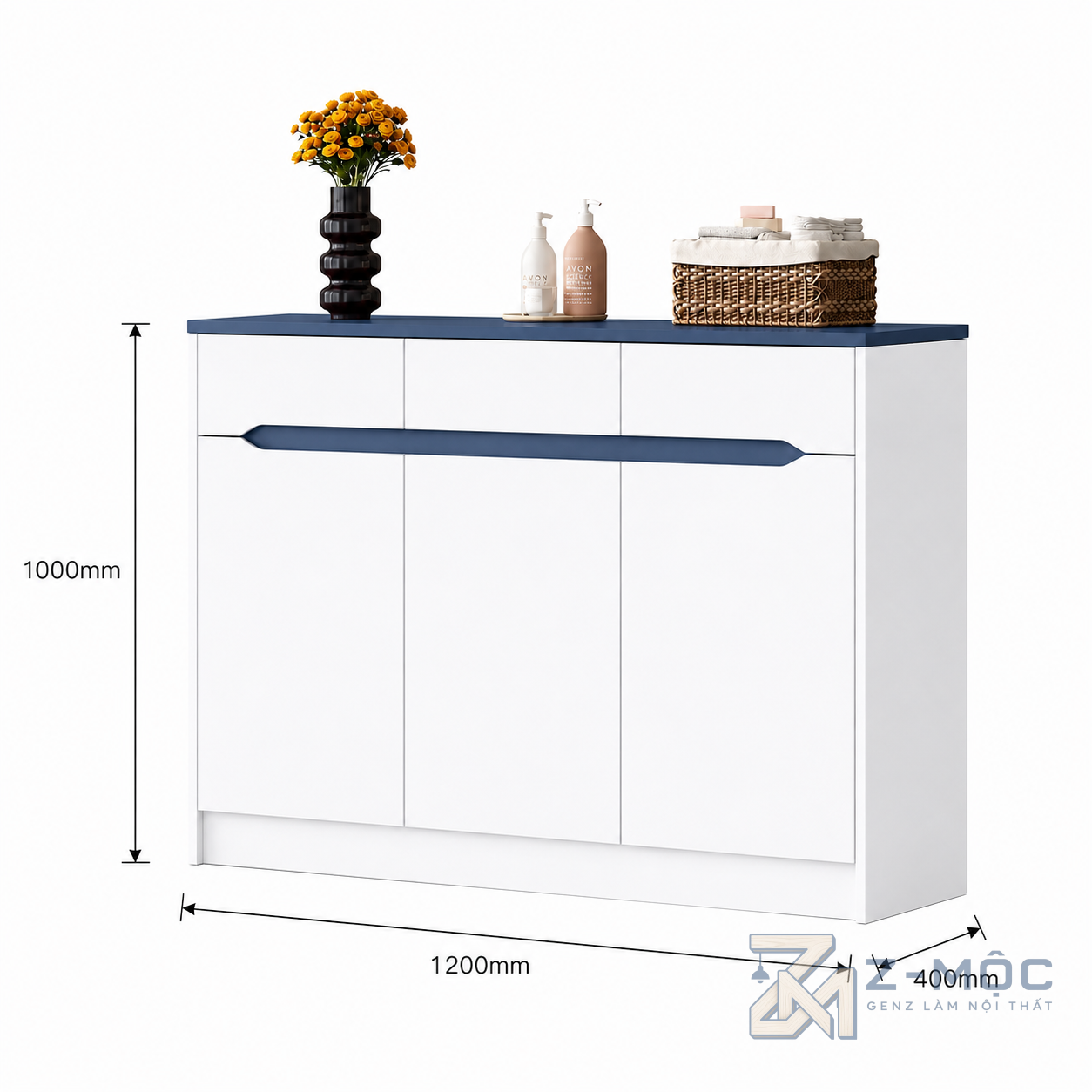 Kích thước chi tiết Tủ Trang Trí Màu Trắng Phối Xanh Dáng Dài ZM-94015