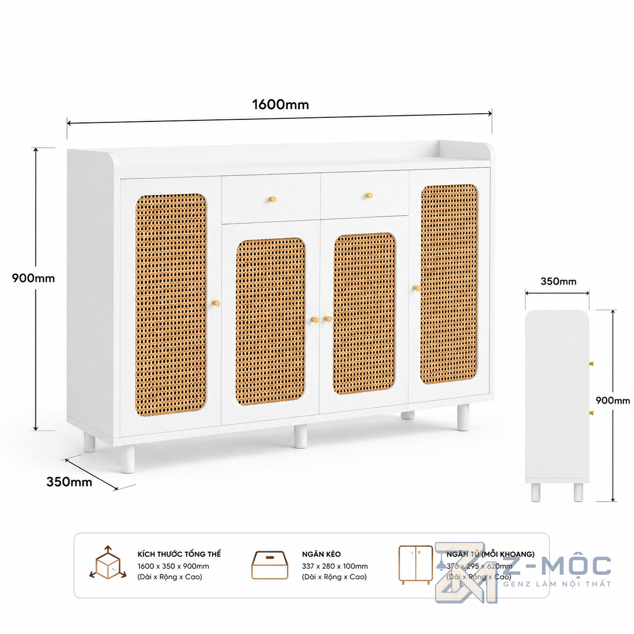 Kích thước chi tiết Tủ Trang Trí Mây Đan 3 Cánh Trắng Tay Nắm Vàng ZM-94024 2