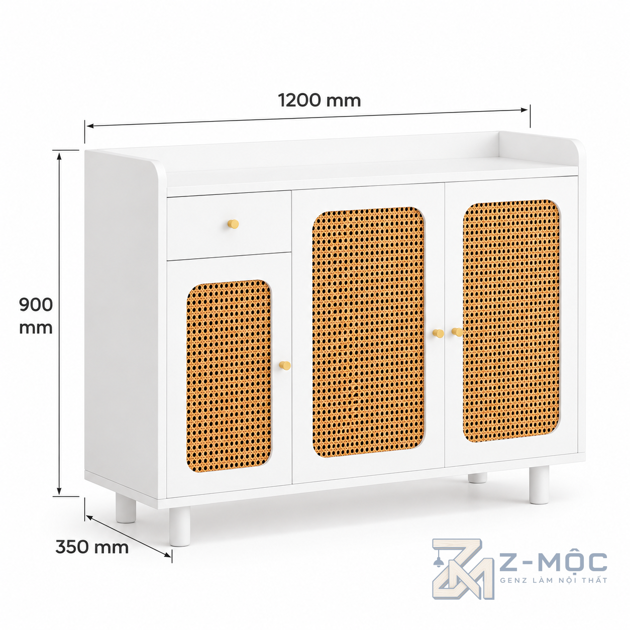 Kích thước chi tiết Tủ Trang Trí Mây Đan 3 Cánh Trắng Tay Nắm Vàng ZM-94024