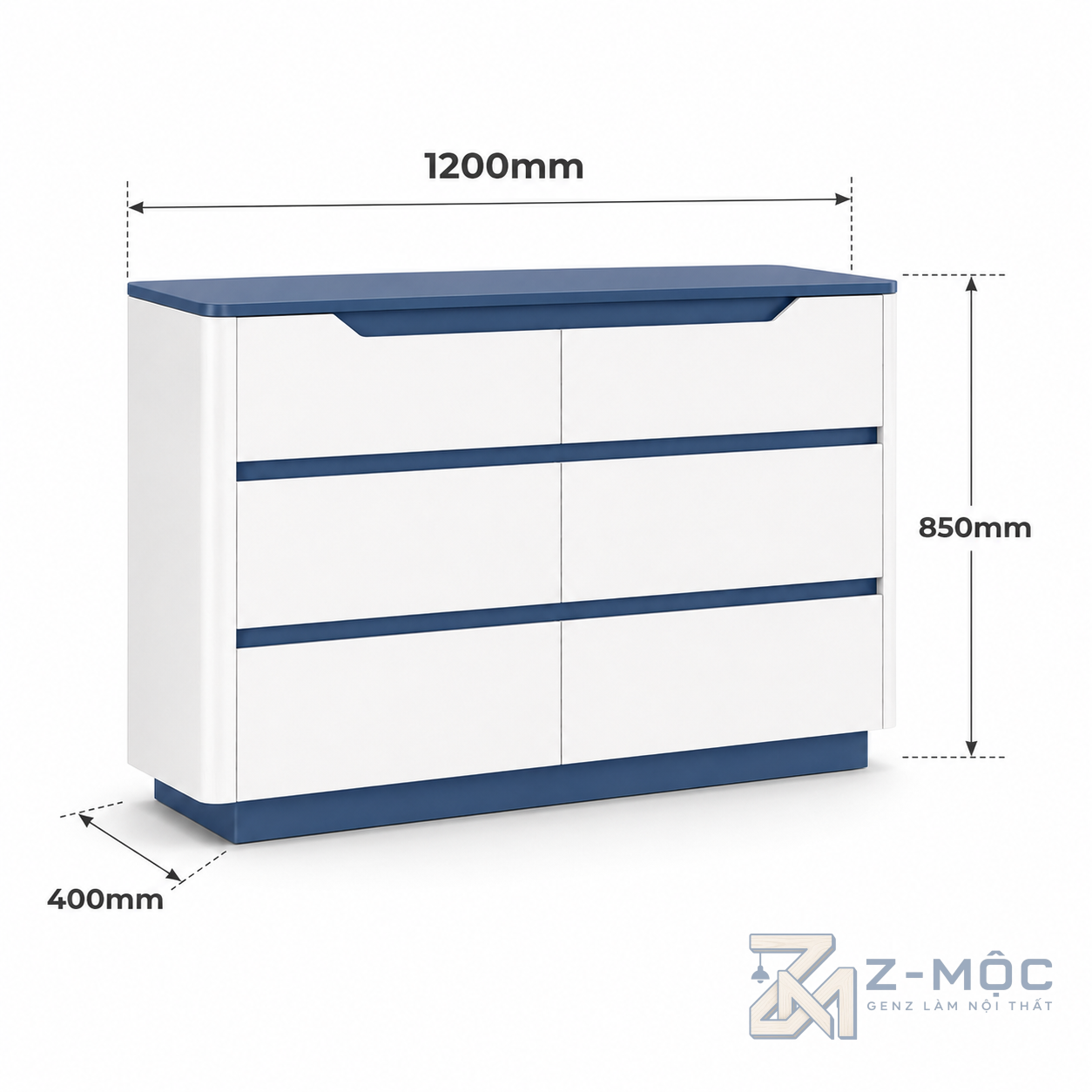 Kích thước chi tiết Tủ Trang Trí Nhiều Ngăn Kéo Màu Trắng Phối Xanh ZM-94018 2