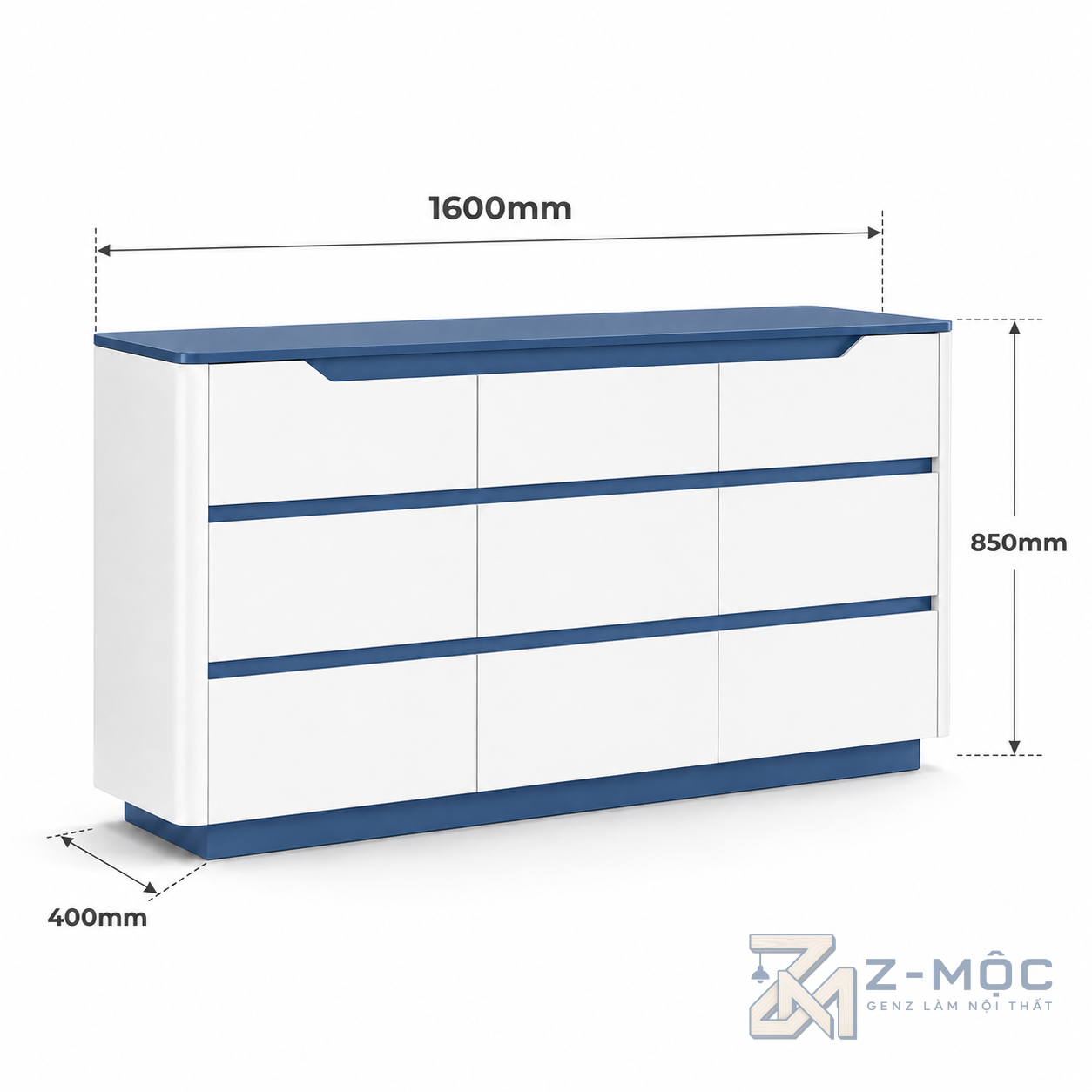 Kích thước chi tiết Tủ Trang Trí Nhiều Ngăn Kéo Màu Trắng Phối Xanh ZM-94018