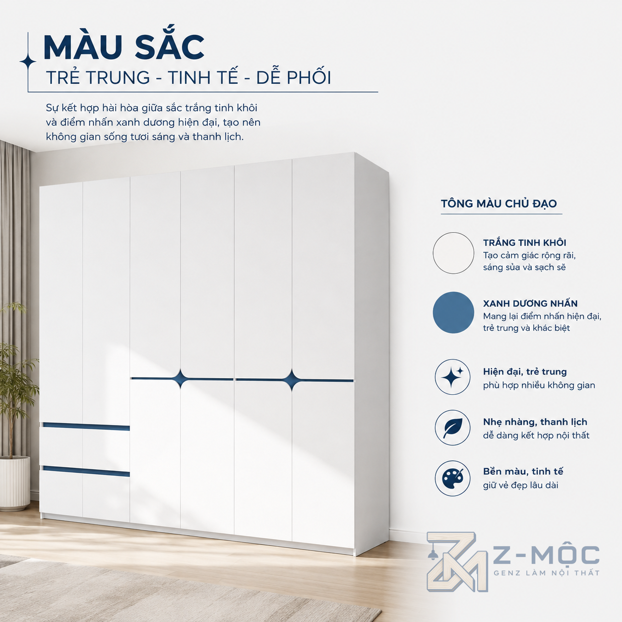 Màu trắng dễ kết hợp với nhiều không gian nội thất