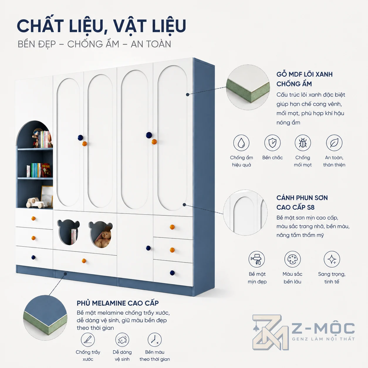 MDF lõi xanh chống ẩm, bề mặt dễ vệ sinh
