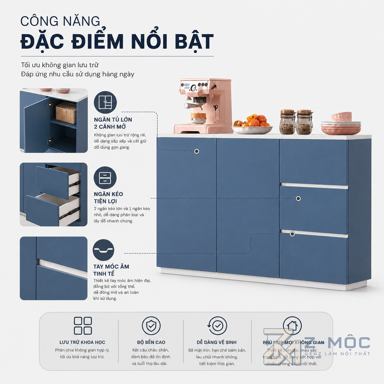 Nhiều khoang chứa, thuận tiện sắp xếp đồ dùng
