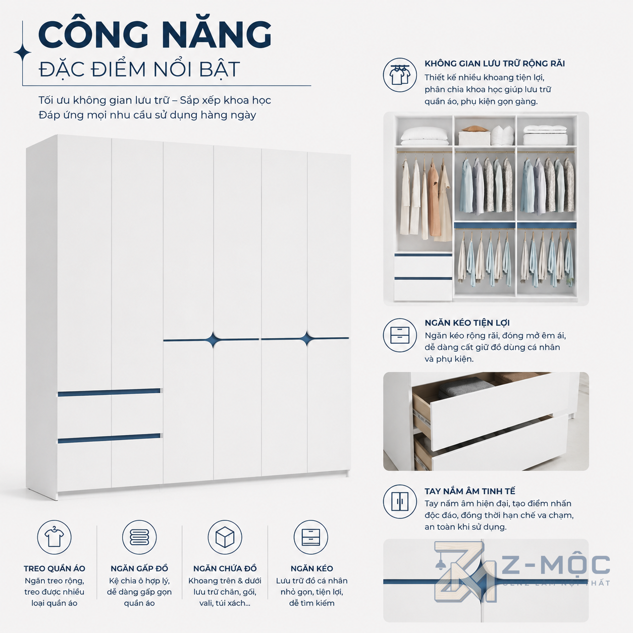Nhiều khoang lưu trữ, thuận tiện sắp xếp đồ dùng