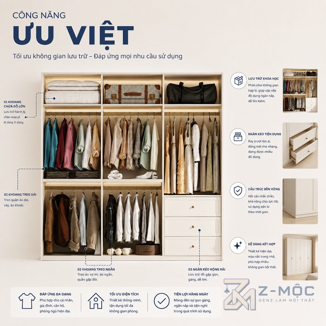 Nhiều khoang lưu trữ tiện dụng