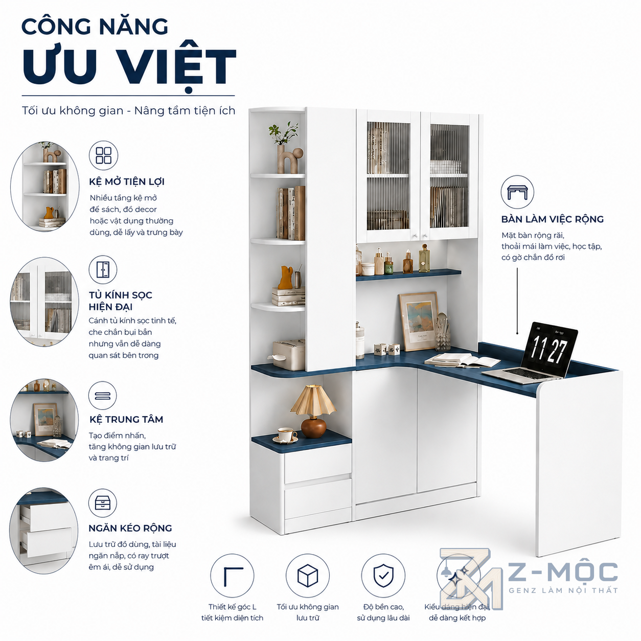 Nhiều không gian để làm việc và lưu trữ