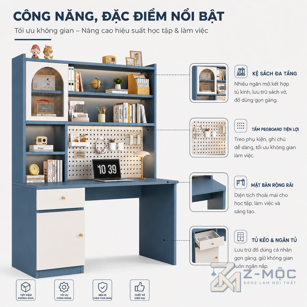 Nhiều khu vực để sách và đồ dùng