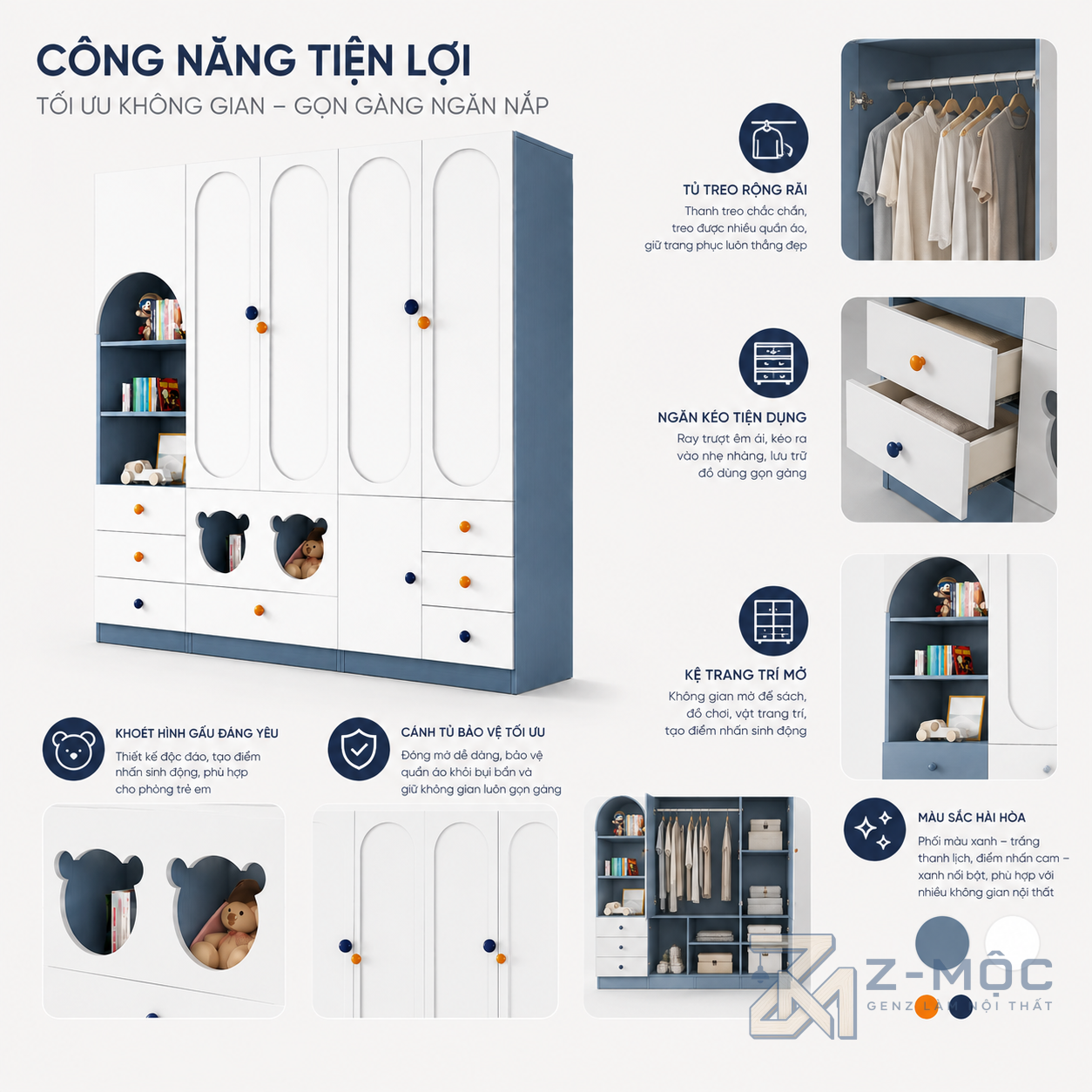 Nhiều khu vực lưu trữ, dễ phân loại đồ của bé