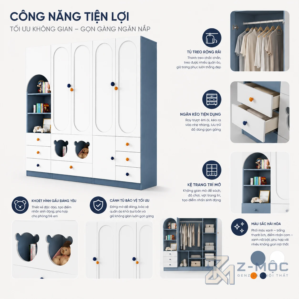 Nhiều khu vực lưu trữ, dễ phân loại đồ của bé