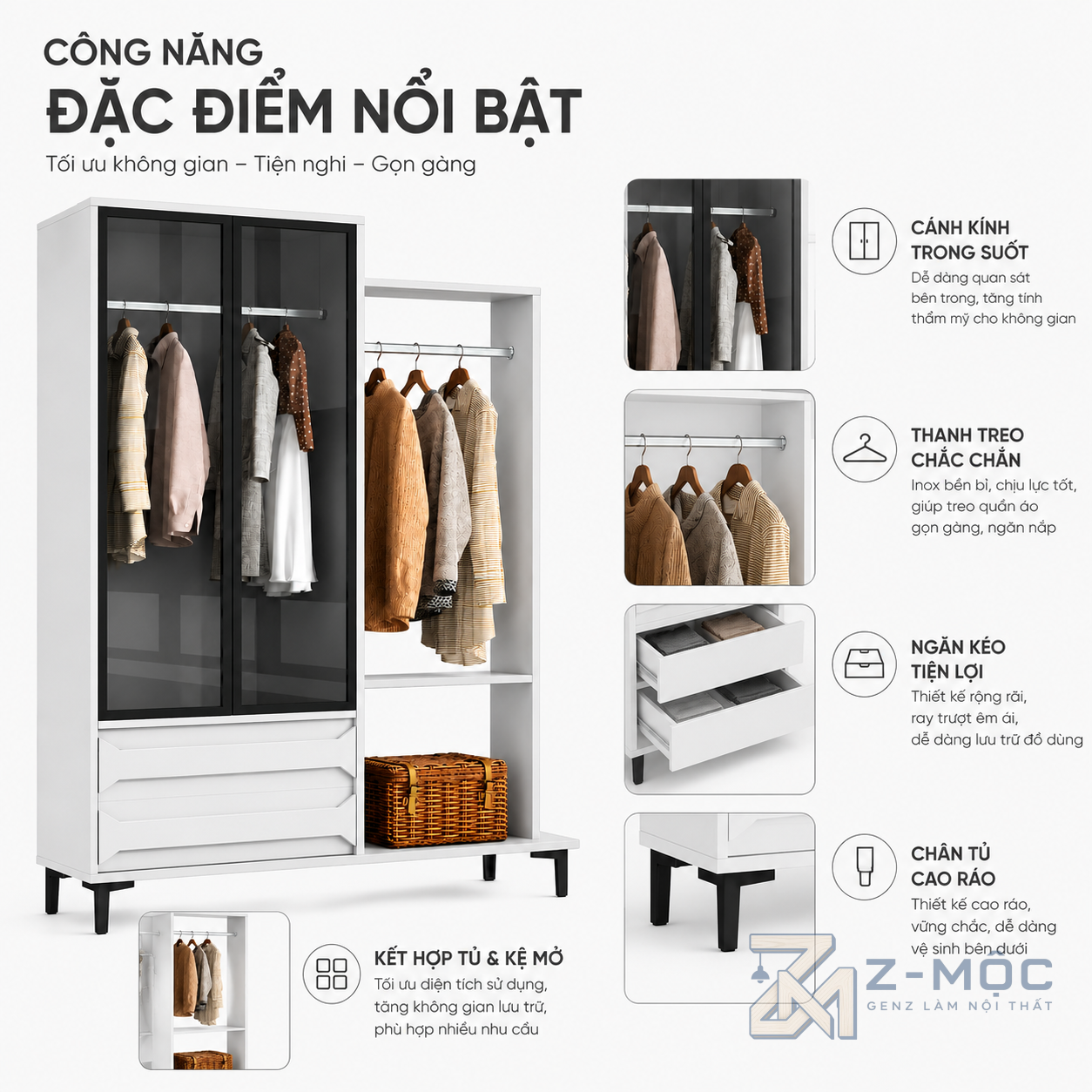 Nhiều khu vực treo và lưu trữ quần áo