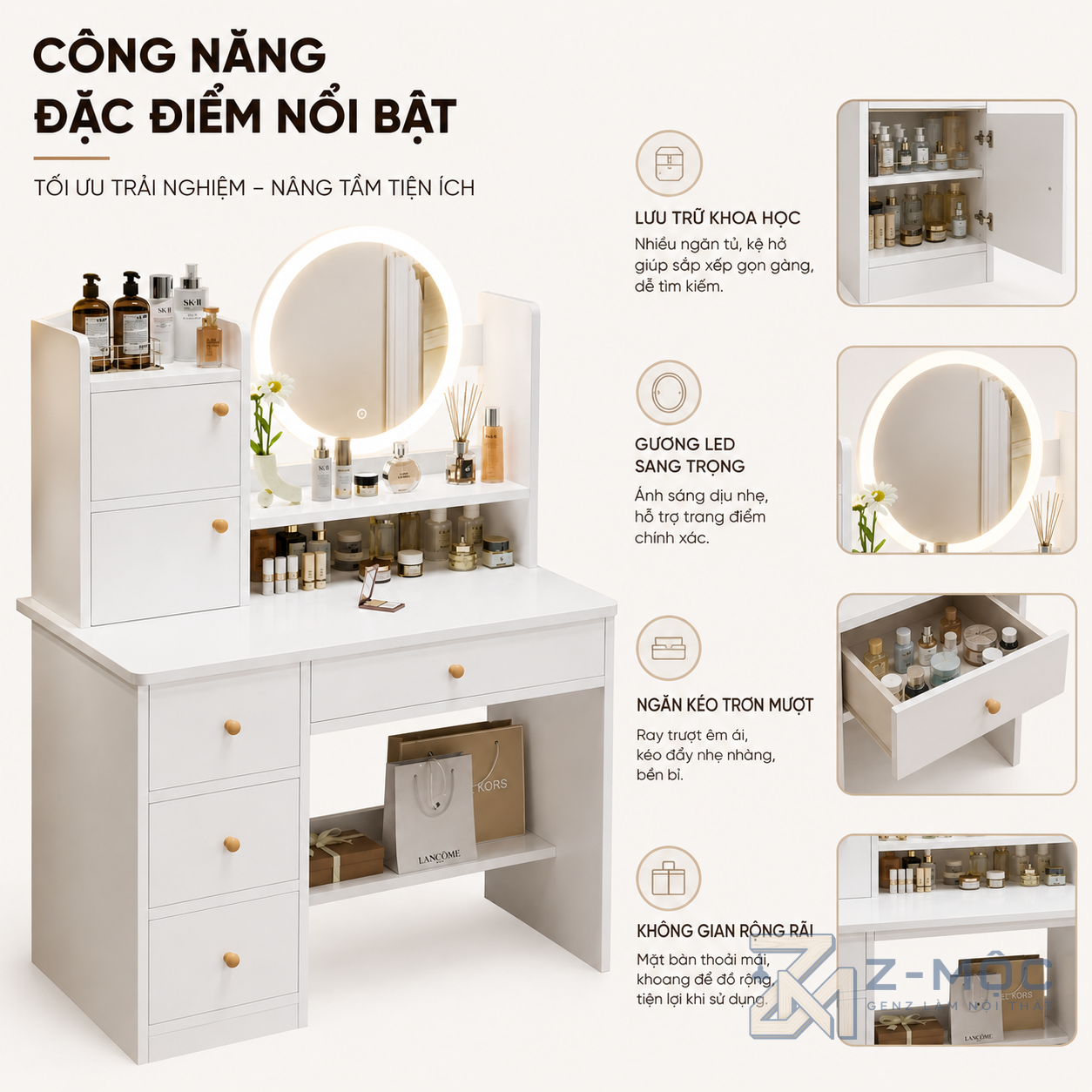 Nhiều ngăn chứa mỹ phẩm và đồ dùng cá nhân