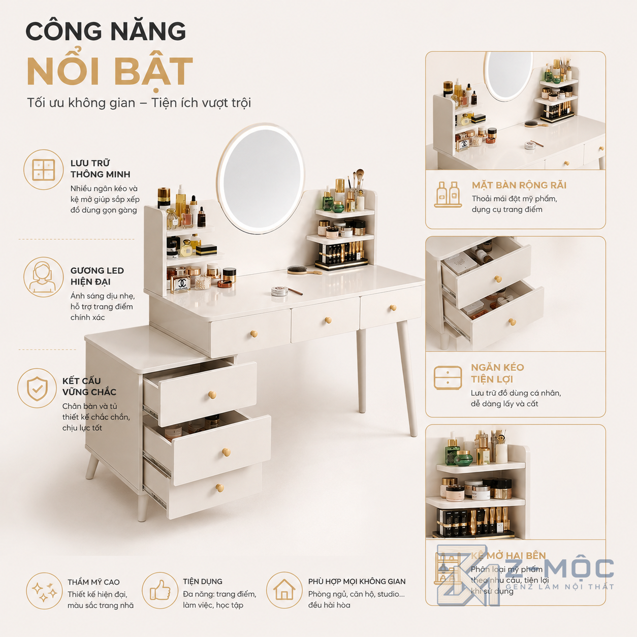 Nhiều ngăn kéo, kệ mở tiện dụng