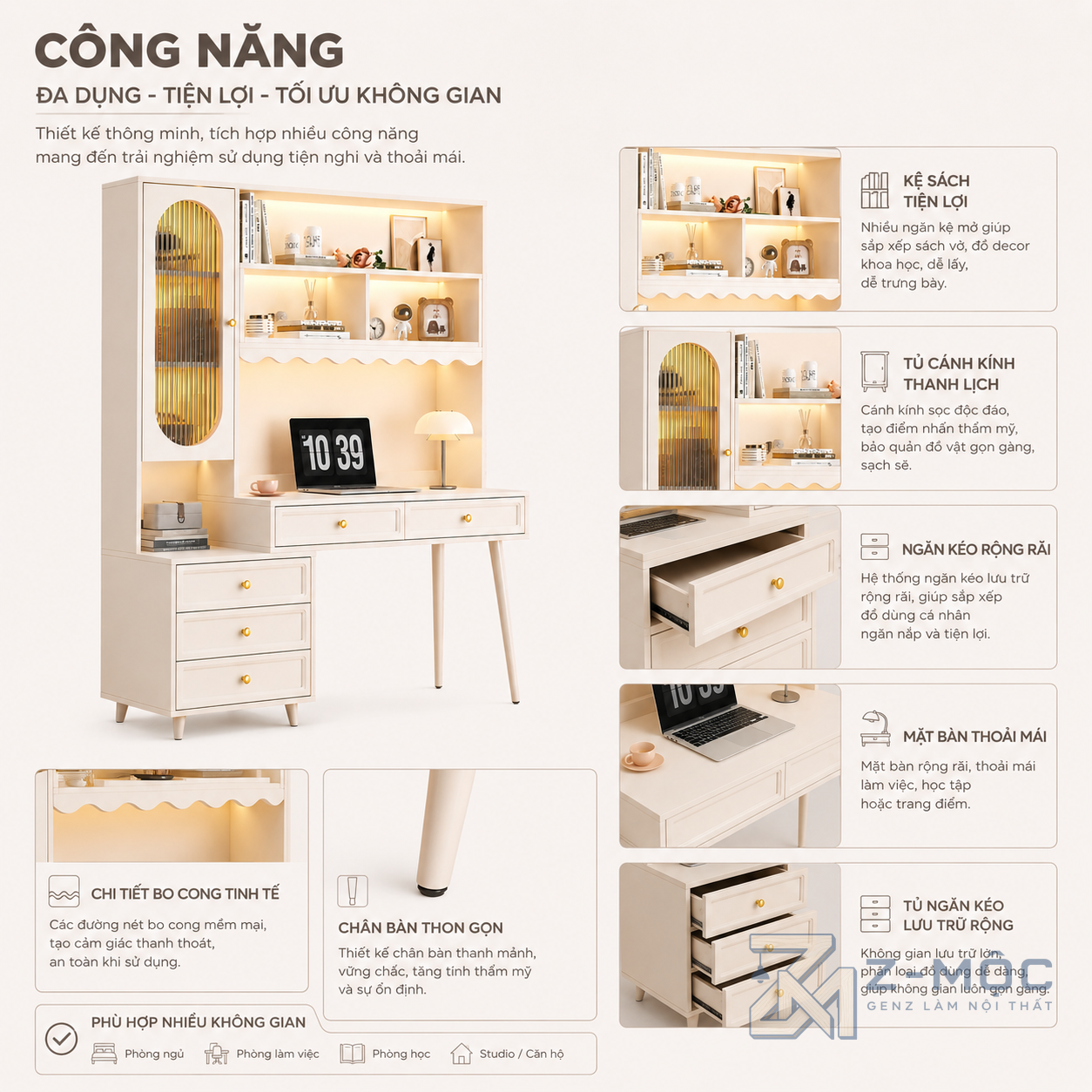 Nhiều ngăn kéo, vừa làm việc vừa lưu trữ