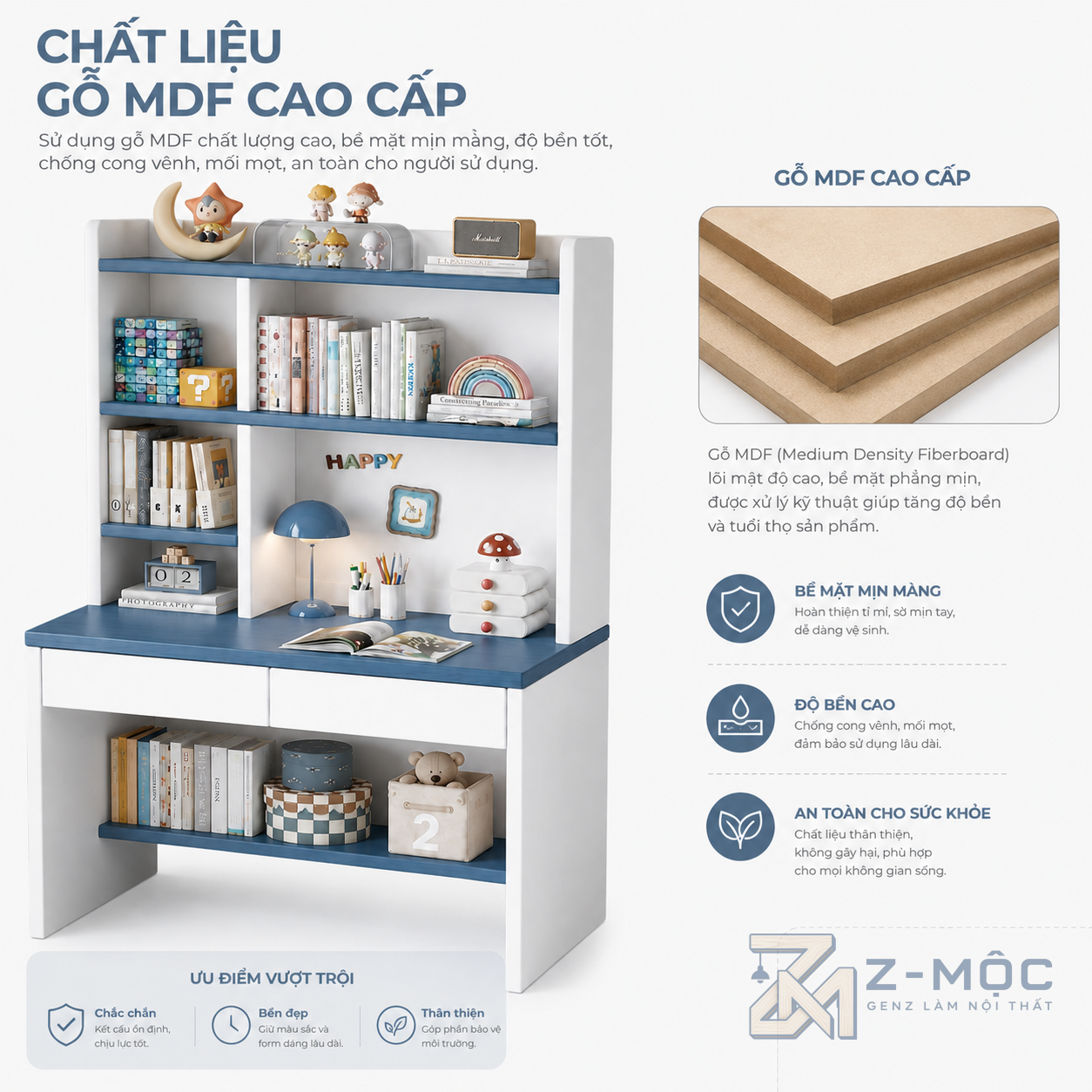 Nhiều tầng lưu trữ sách vở và đồ dùng học tập