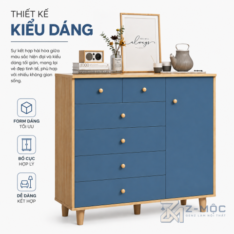 Phối màu xanh và gỗ tạo điểm nhấn cho căn phòng