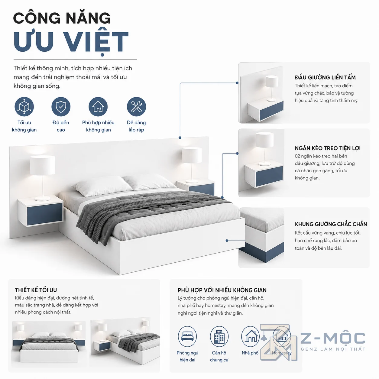 Tab đầu giường liền khối tăng sự tiện dụng
