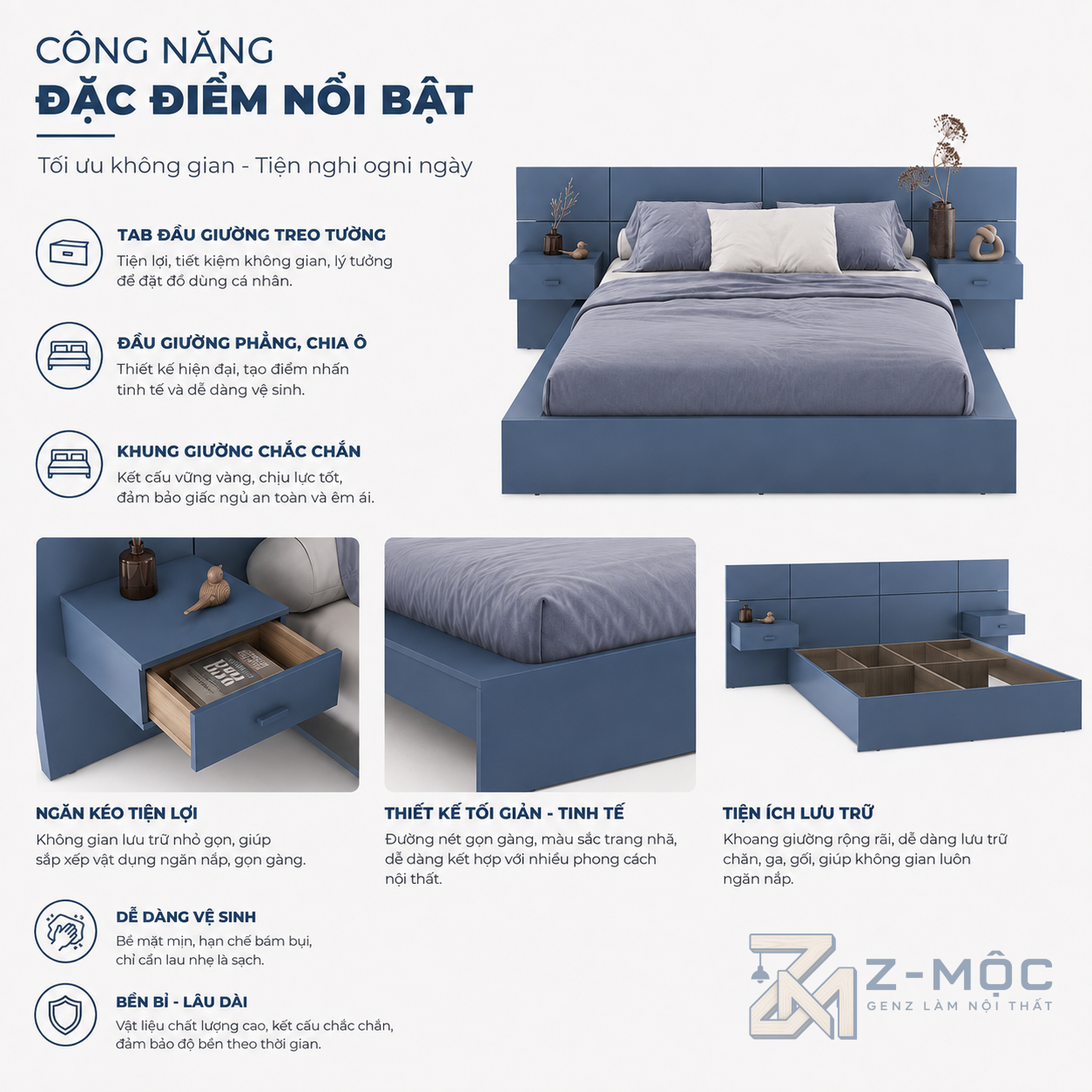 Tab đầu giường tích hợp giúp tối ưu công năng