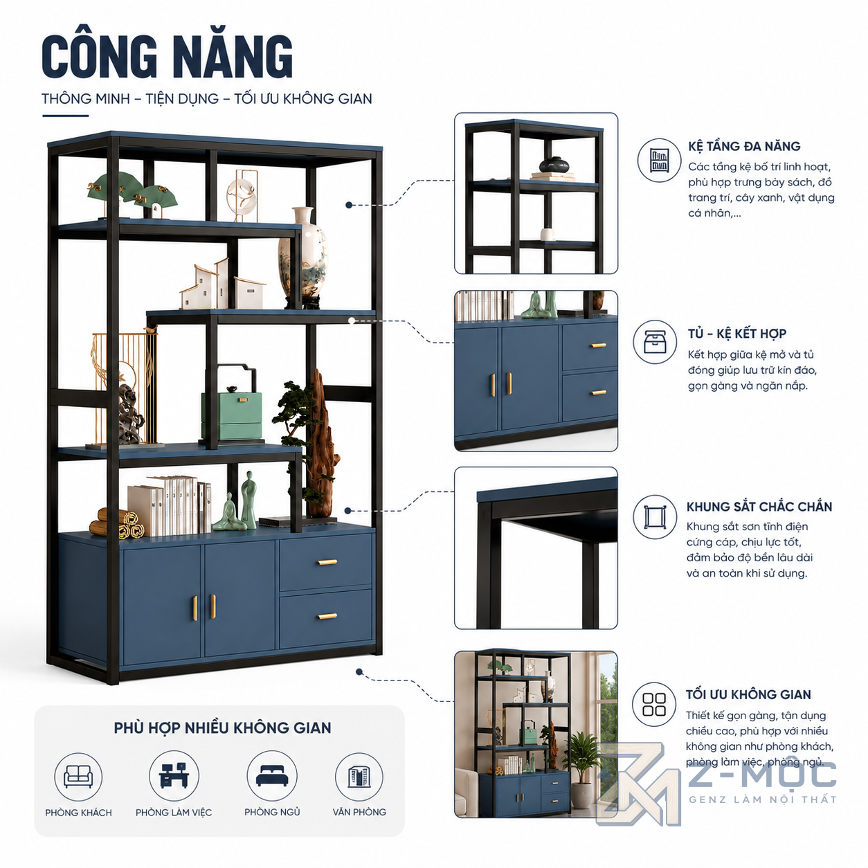 Tăng không gian lưu trữ với tủ cánh mở và ngăn kéo