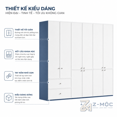 Thiết kế cánh phẳng, phối màu trắng xanh hiện đại