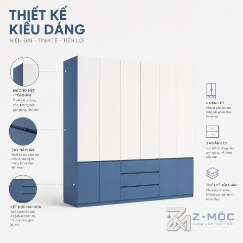 Thiết kế cánh phẳng, phối màu xanh trắng dễ tạo điểm nhấn
