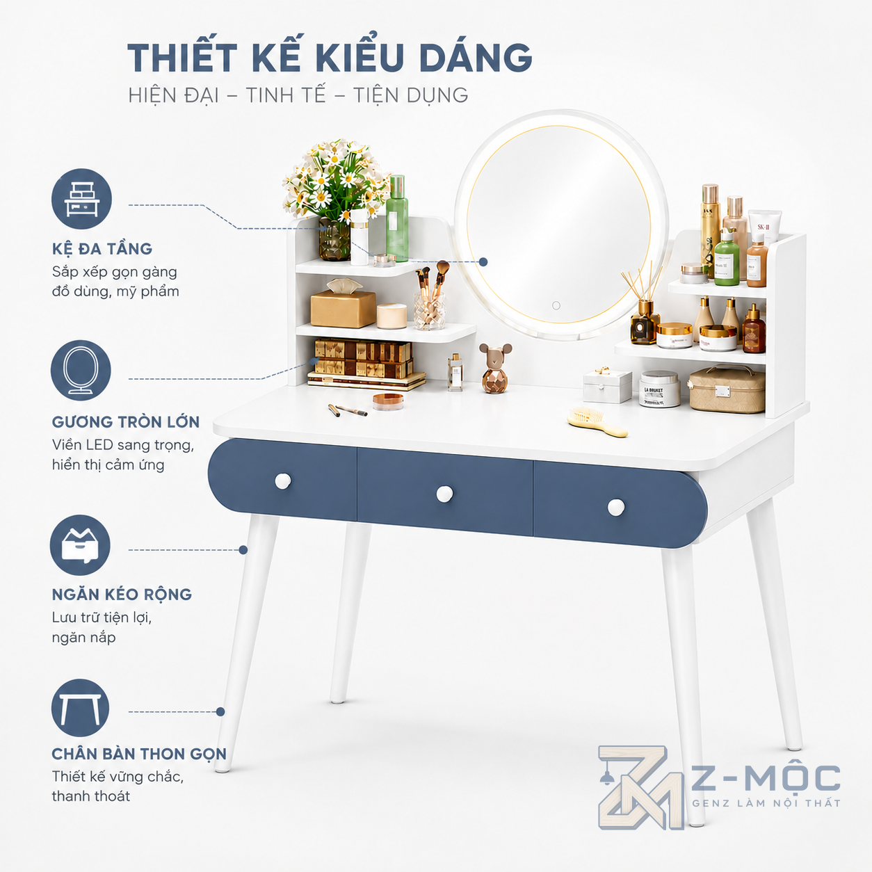 Thiết Kế Gương Tròn, Phối Màu Trắng Xanh Trẻ Trung
