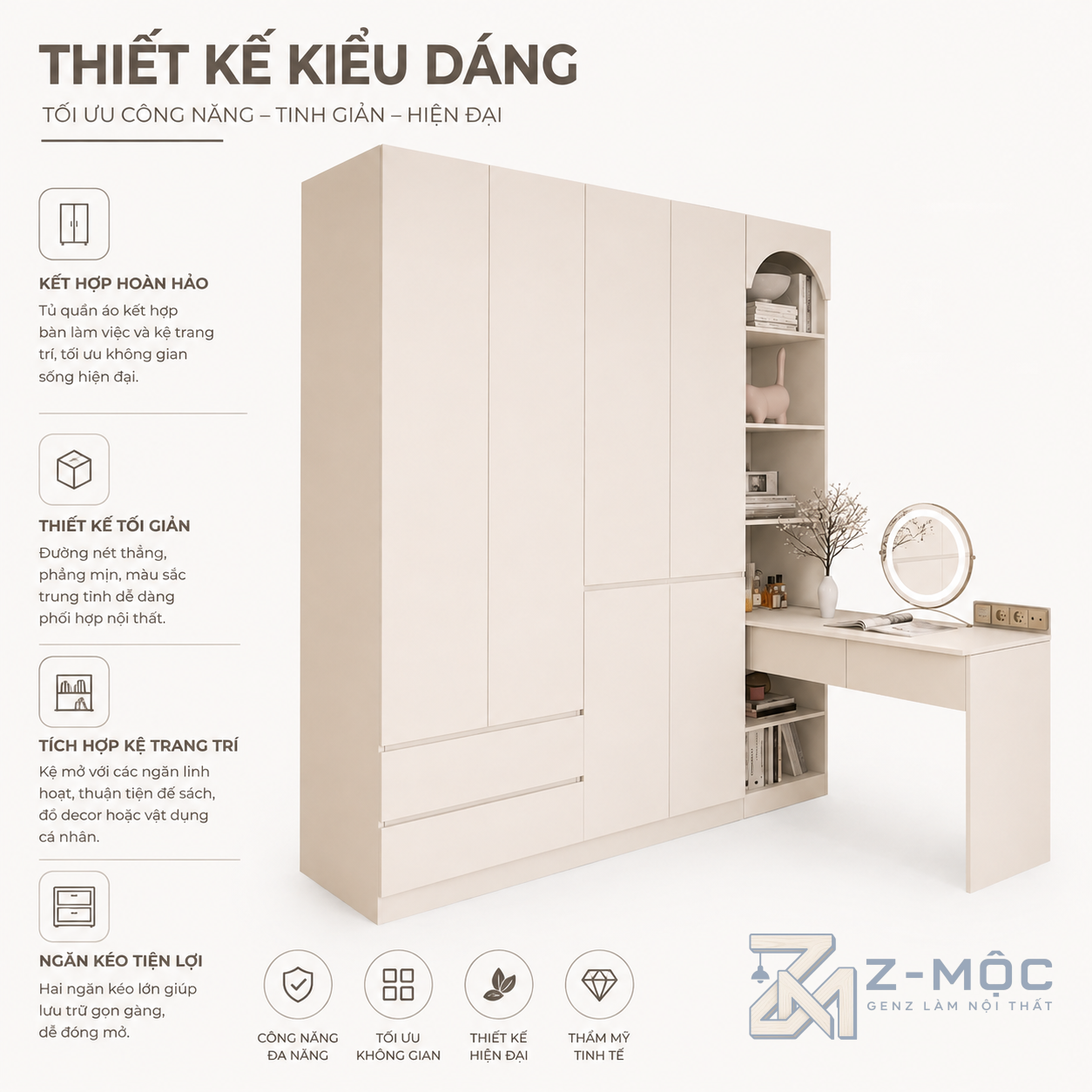 Thiết kế hiện đại, màu kem nhẹ nhàng