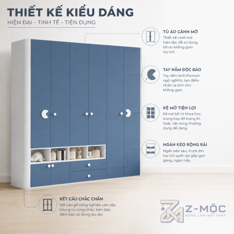 Thiết kế hiện đại, màu xanh dễ tạo điểm nhấn