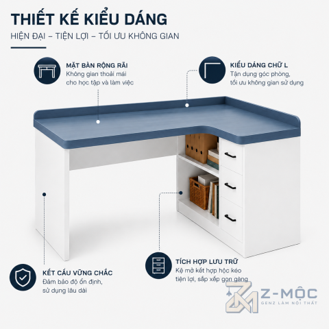 Thiết kế hiện đại, màu xanh trắng trẻ trung