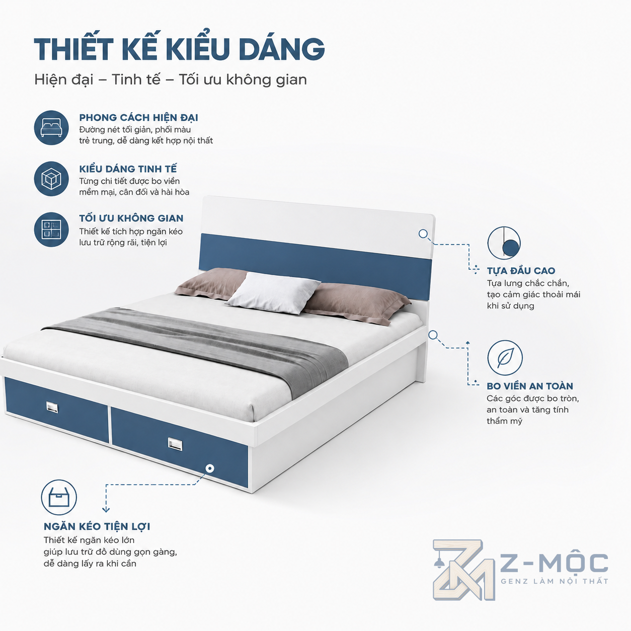 Thiết kế hiện đại, phối màu trắng xanh dễ nhận diện