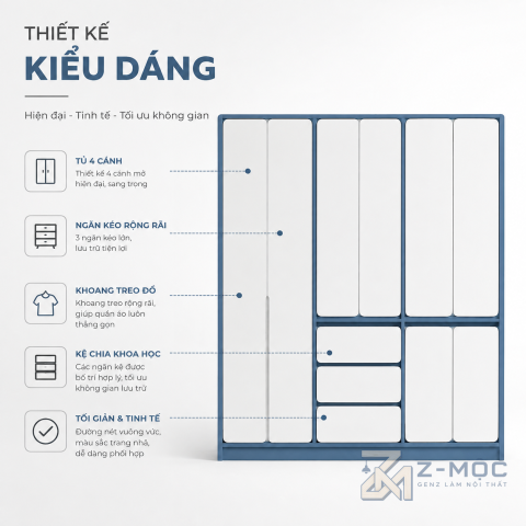 Thiết kế hiện đại, tạo điểm nhấn bằng màu xanh trắng