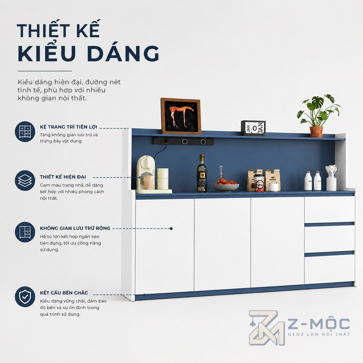 Thiết kế hiện đại với phối màu xanh – trắng