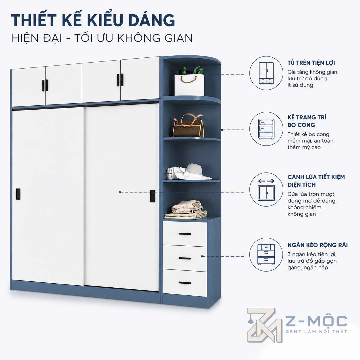 Thiết kế phối trắng xanh hiện đại, tạo điểm nhấn cho phòng ngủ