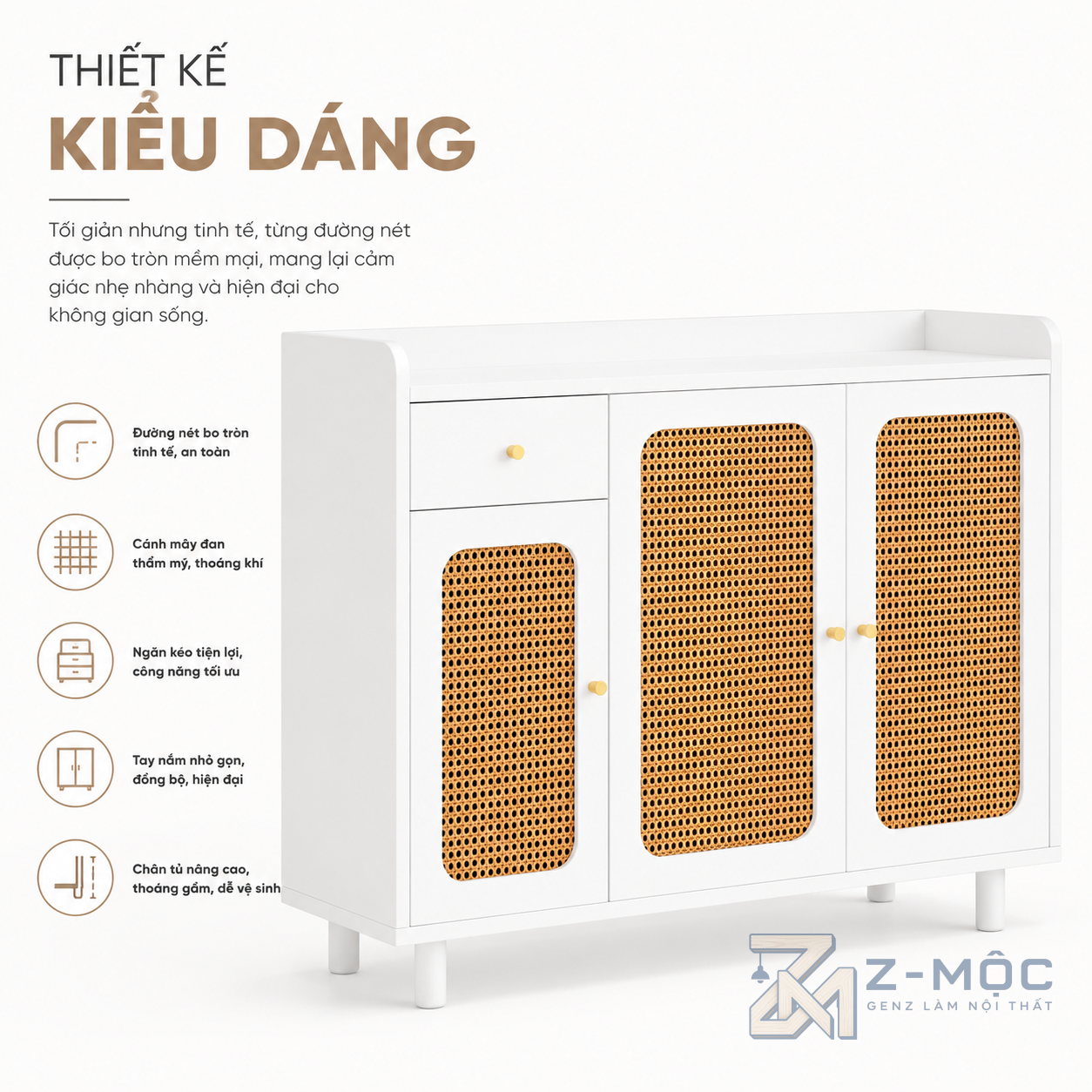Thiết kế trắng phối mây đan tạo điểm nhấn