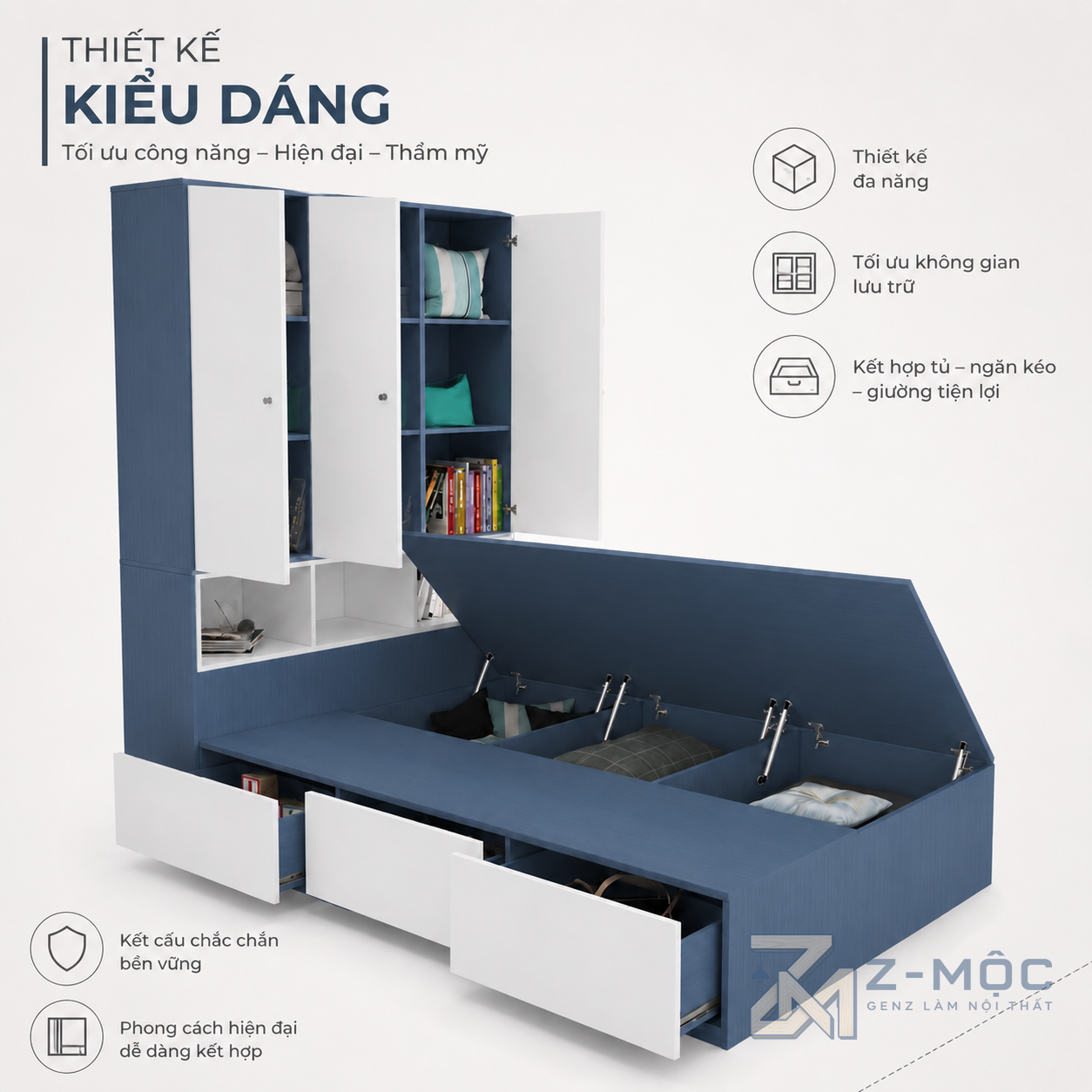 Thiết kế xanh trắng gọn gàng, dễ phối nội thất