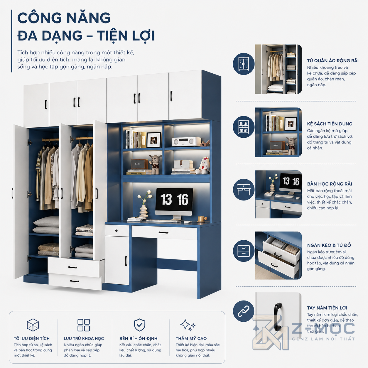 Tích hợp tủ quần áo, bàn học và kệ lưu trữ