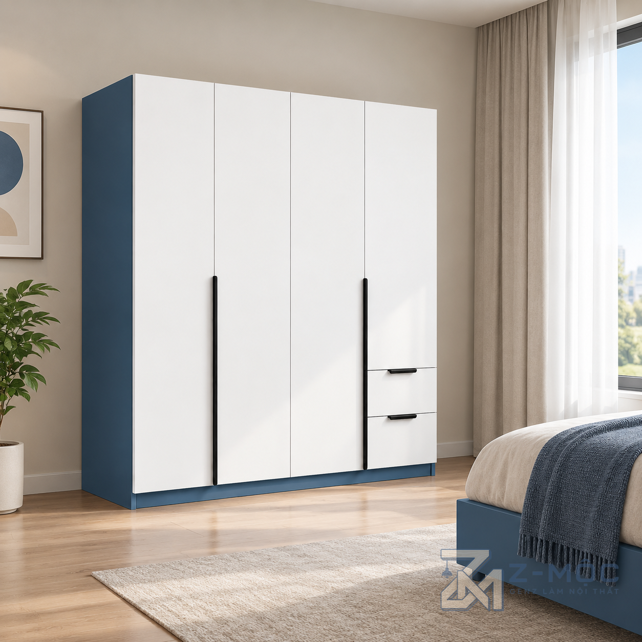 Tủ Quần Áo 4 Cánh Phối Xanh Trắng Nhỏ Gọn ZM-10038 - ảnh chi tiết 7