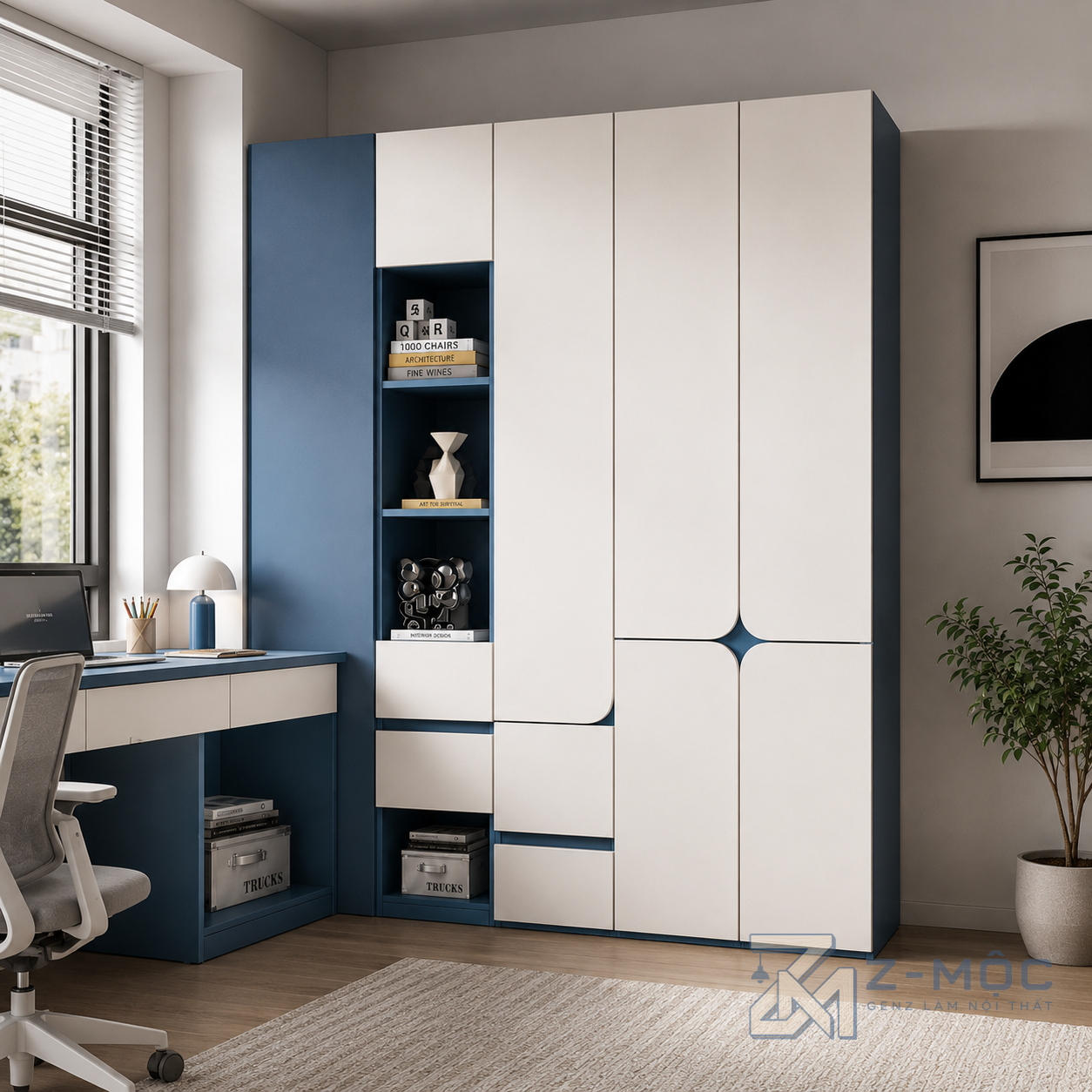 Tủ Quần Áo 4 Cánh Trắng Phối Xanh Kèm Kệ ZM-10041 - ảnh chi tiết 6